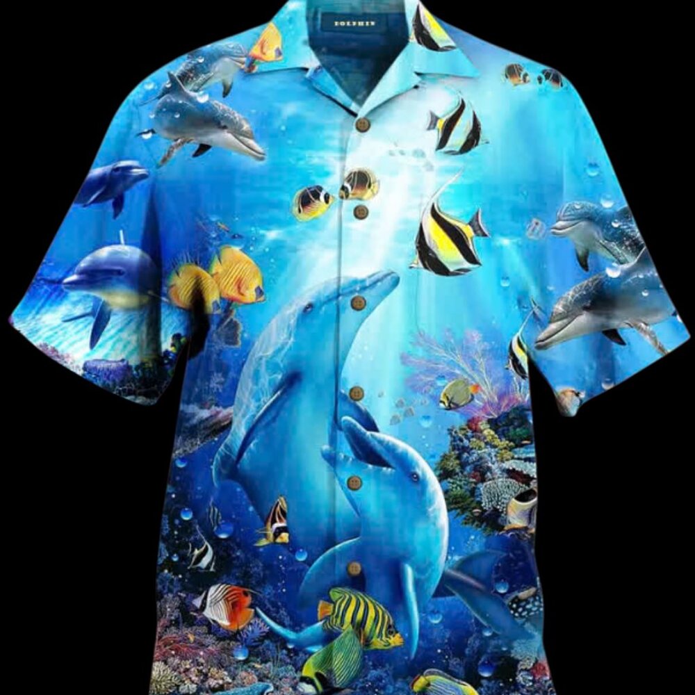 Men Hawaiian Summer Shirt Fish Dolphins Beach size L Short Sleeves Button DOwn